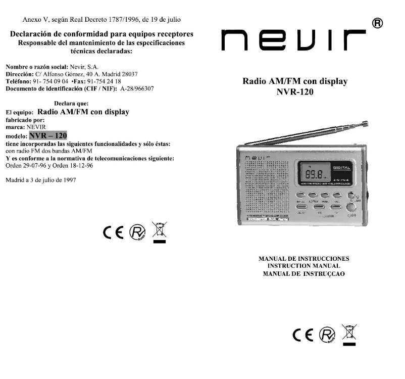 Page 1 de la notice Manuel utilisateur Nevir NVR-1200