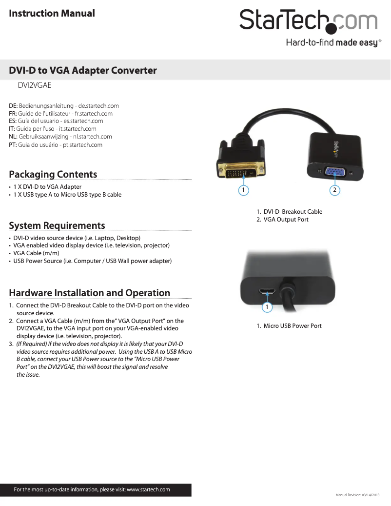 Página 1 del manual Manual de instrucciones StarTech.com DVI2VGAE