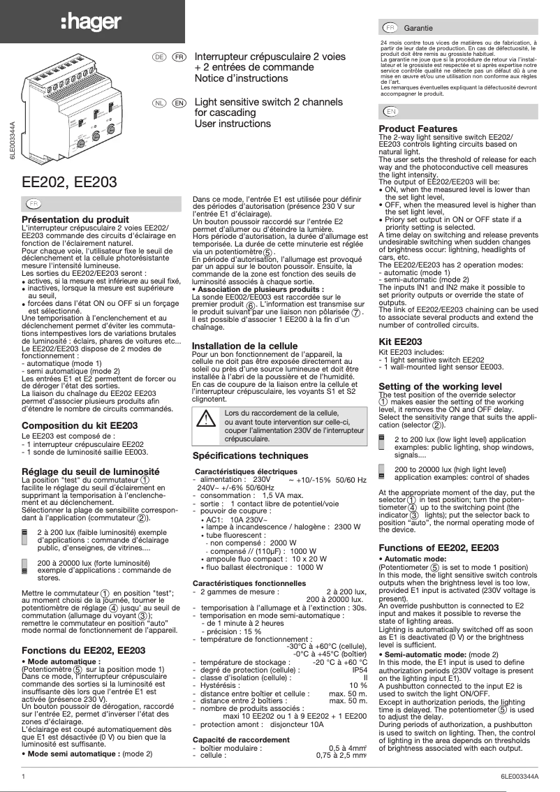 Page 1 de la notice Manuel utilisateur Hager EE202