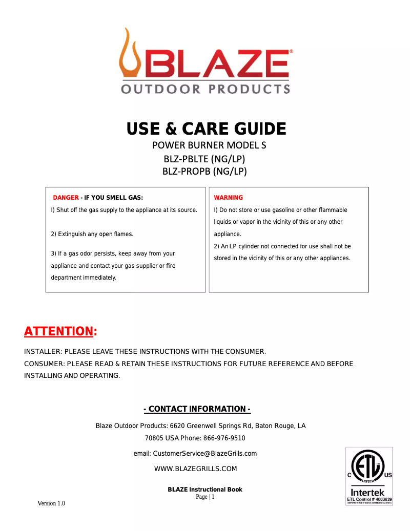 Page 1 de la notice Manuel utilisateur Blaze BLZ-PBLTELP