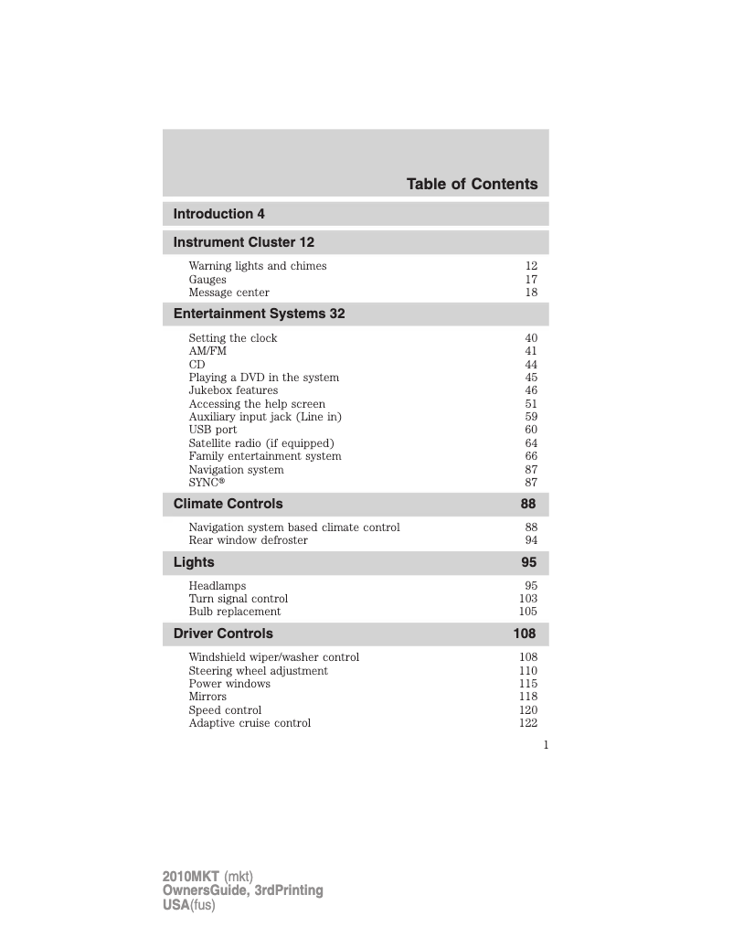 Page n°1 - Manuel utilisateur Lincoln MKT (2010)