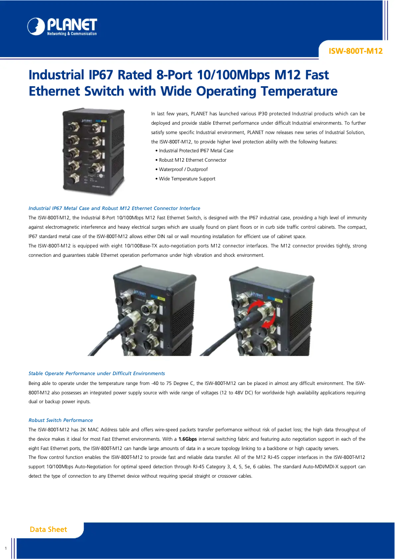 Page 1 de la notice Fiche technique Planet ISW-800T-M12