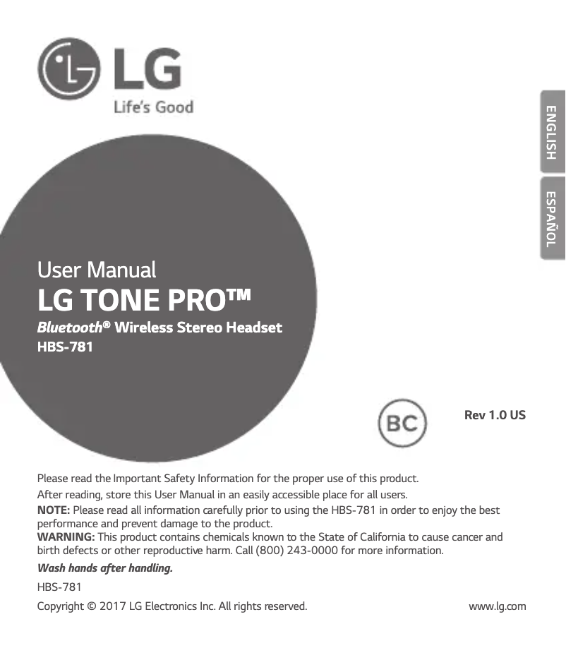 Page n°1 - Manuel utilisateur LG Tone Pro HBS-781