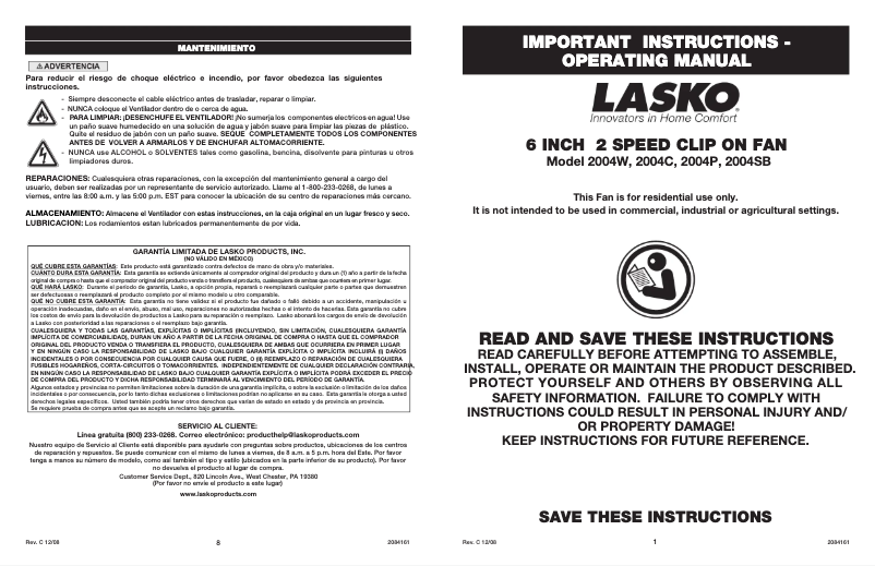 Page 1 de la notice Manuel utilisateur Lasko 2004W