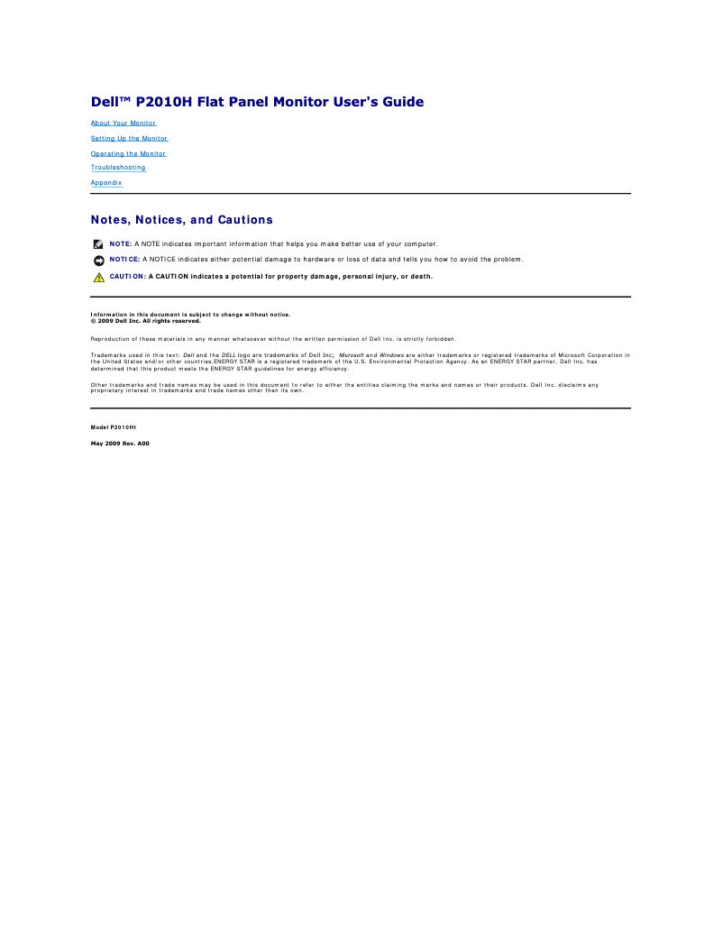 Page n°1 - Manuel utilisateur Dell P2010H