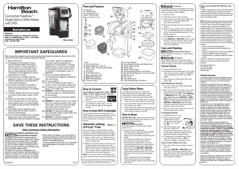 Page 1 de la notice Manuel utilisateur Hamilton Beach Connected FlexBrew 49968