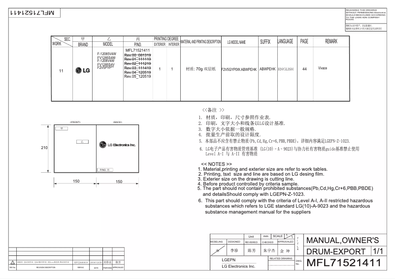 Page 1 de la notice Manuel utilisateur LG FV1285S4W