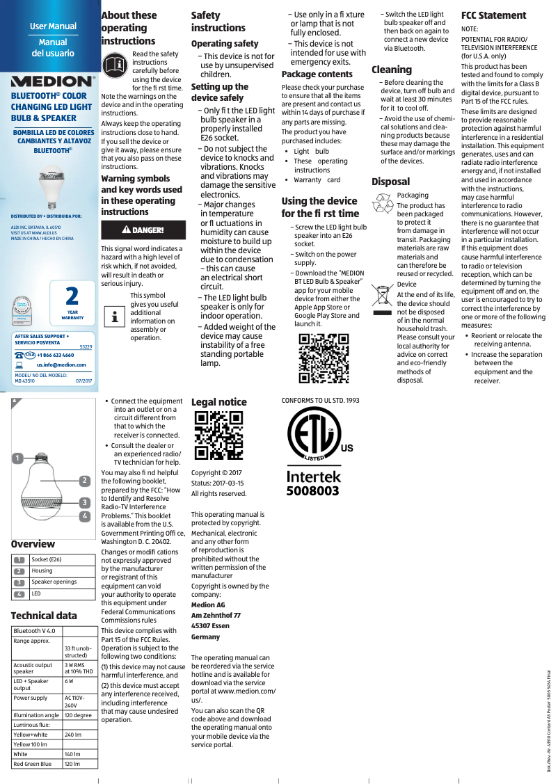 Page 1 de la notice Manuel utilisateur Medion MD43510