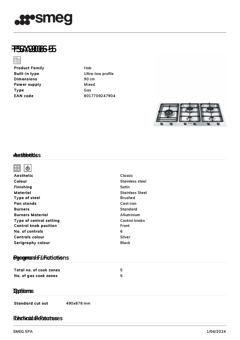 Page n°1 - Fiche technique Smeg PSA906-5