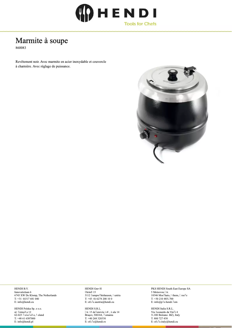 Page 1 de la notice Fiche technique Hendi 860083