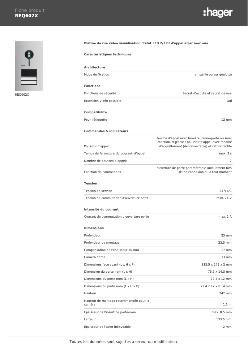 Page n°1 - Fiche technique Elcom REQ602X