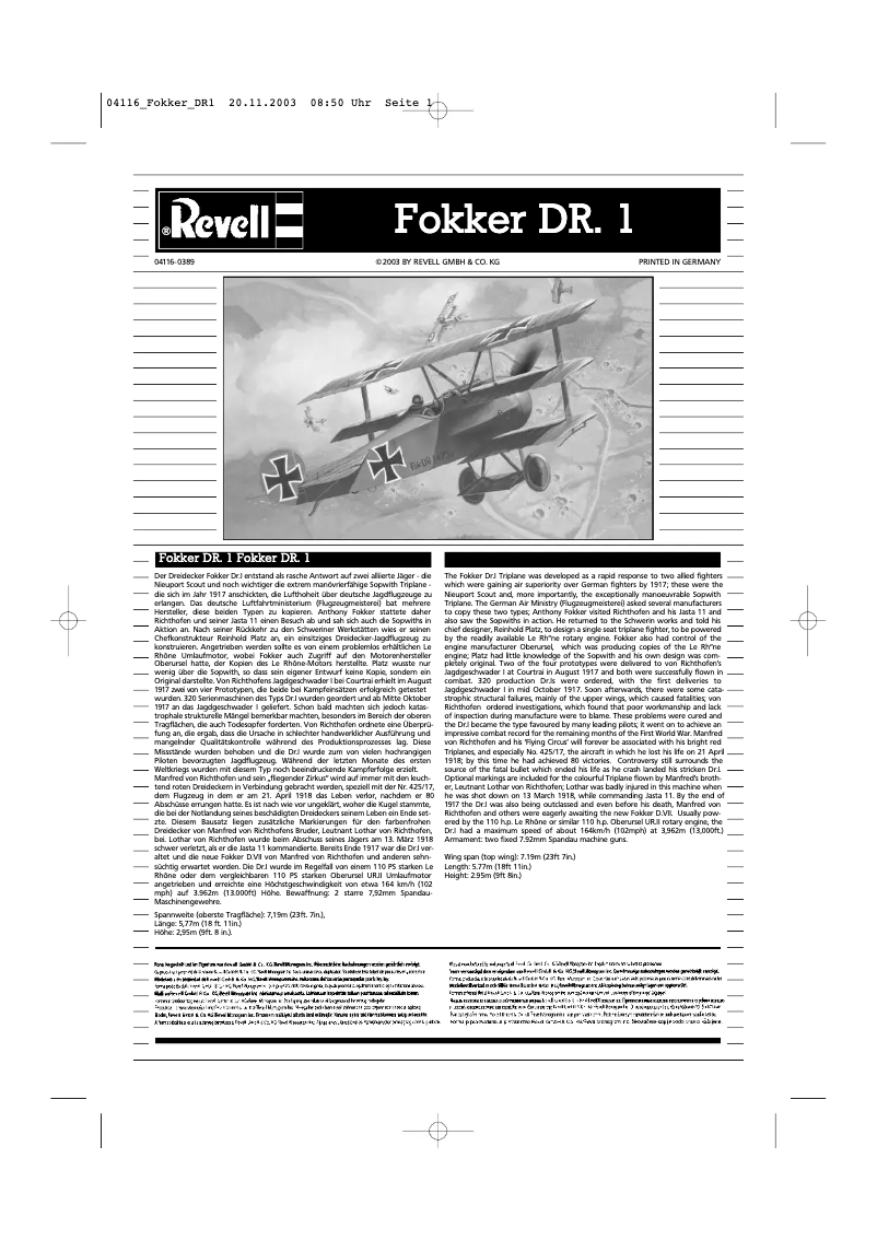 Image de la première page du manuel de l'appareil Fokker DR. 1 Triplane