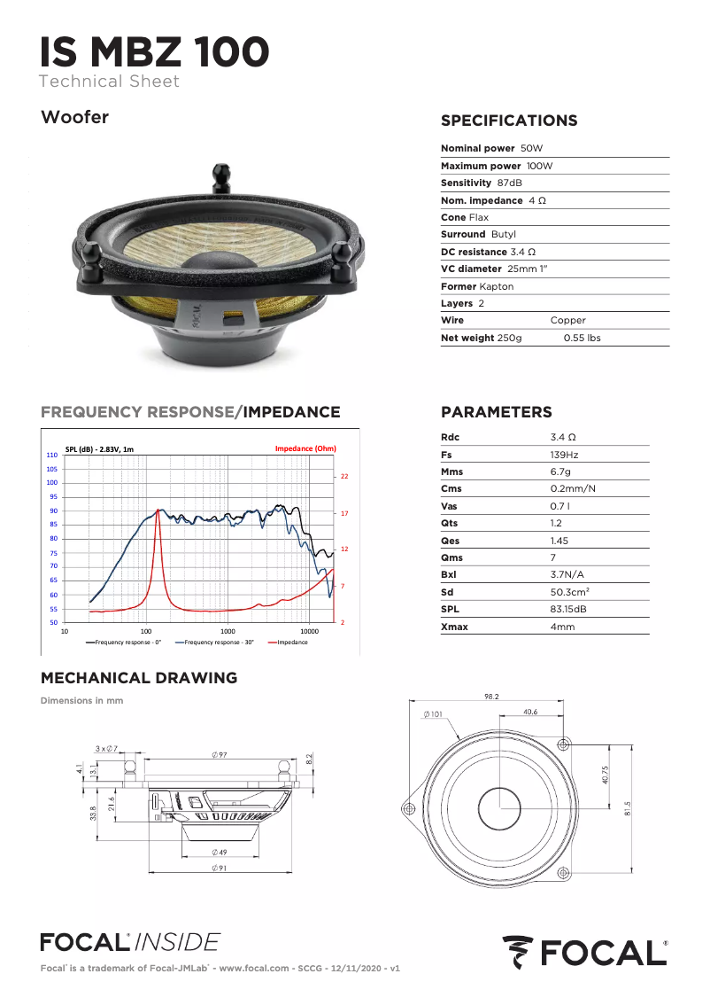 Página 1 del manual Ficha técnica Focal IS MBZ 100