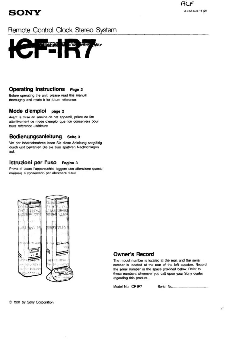 Image de la première page du manuel de l'appareil ICF-IR7