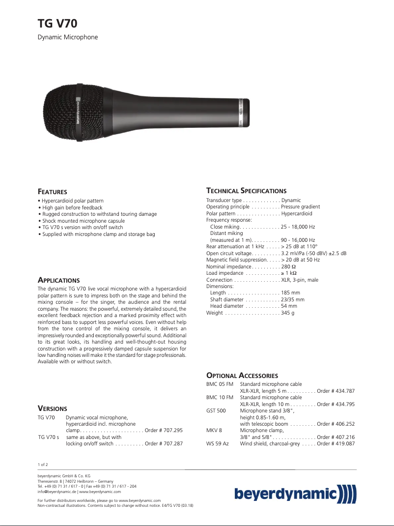 Page n°1 - Fiche technique Beyerdynamic TG V70