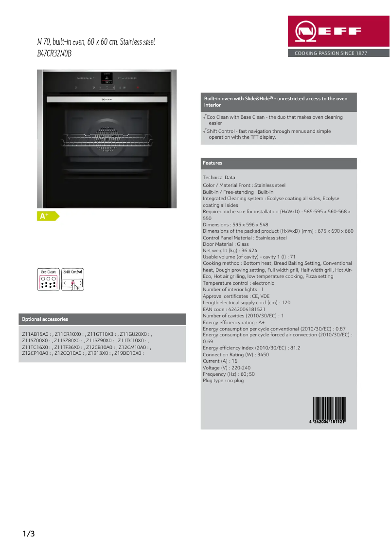 Page 1 de la notice Fiche technique Neff B47CR32N0B