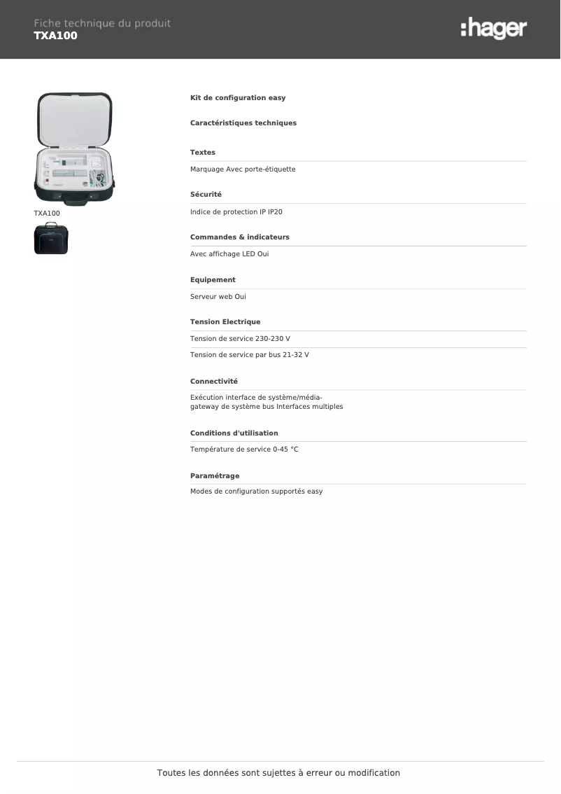 Página 1 del manual Ficha técnica Hager TXA100