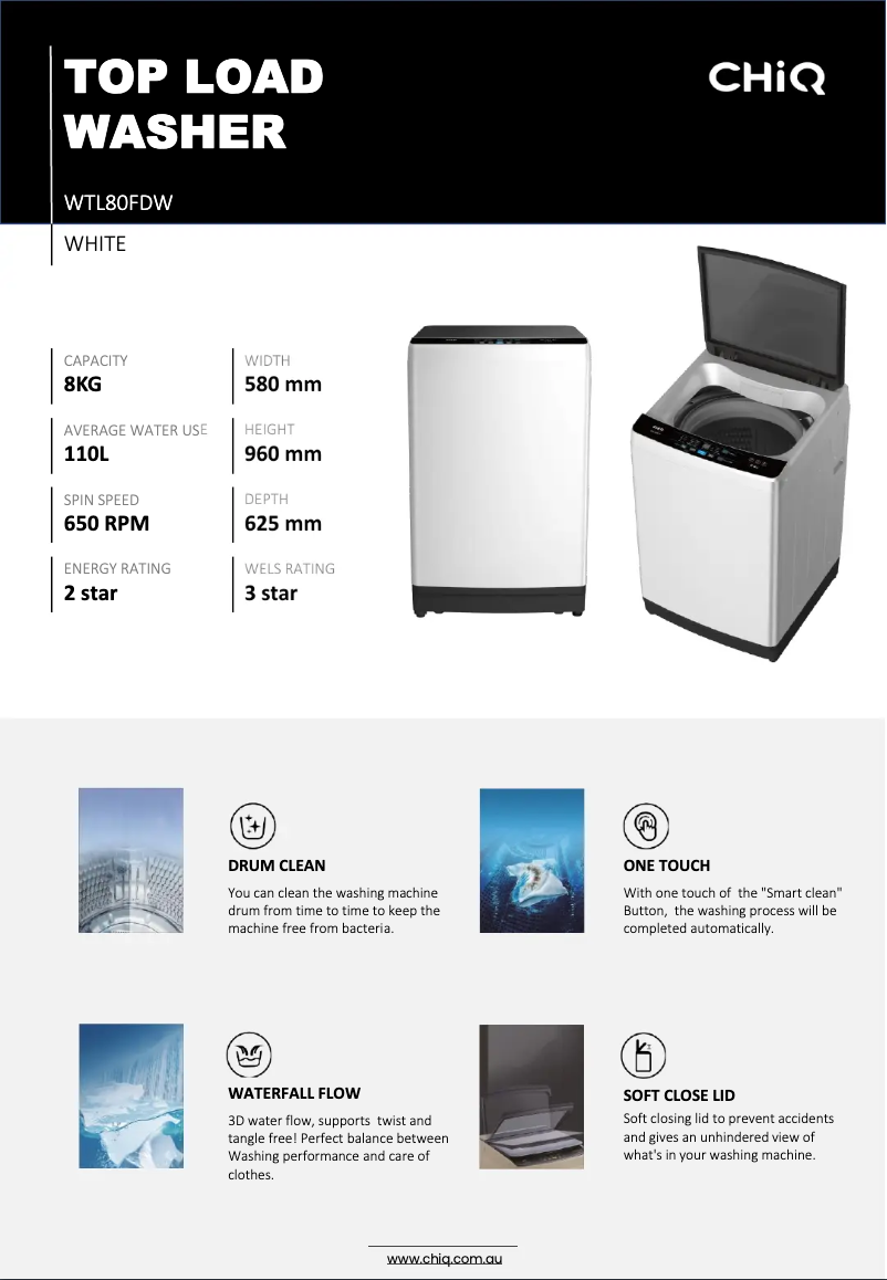 Page 1 de la notice Fiche technique CHiQ WTL80FDW