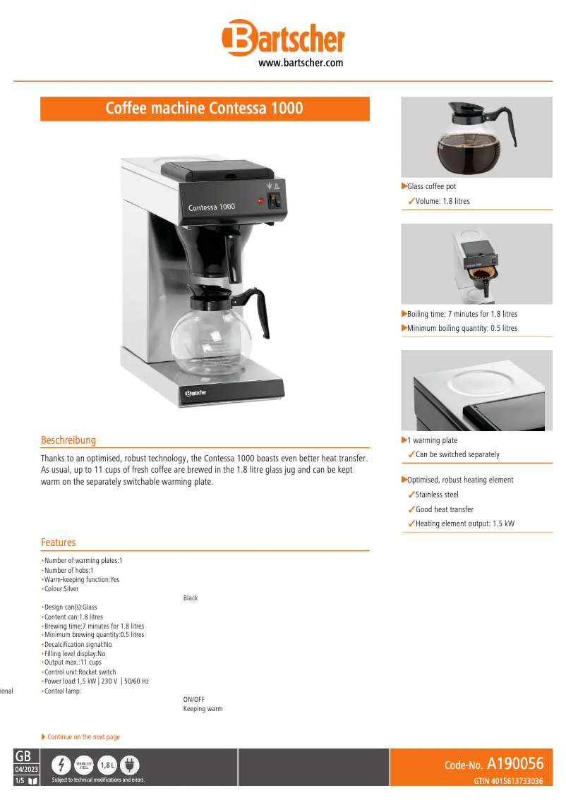 Page n°1 - Fiche technique Bartscher Contessa 1000