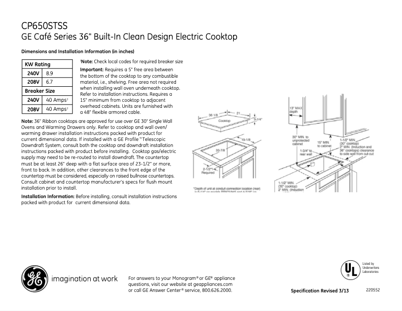Page n°1 - Fiche technique GE Café CP650STSS