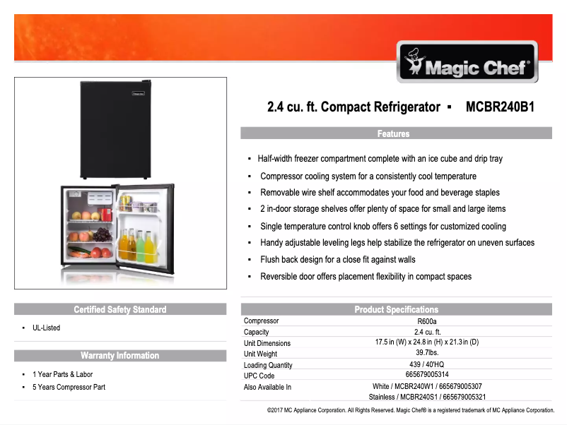 Página 1 del manual Ficha técnica Magic Chef MCBR240