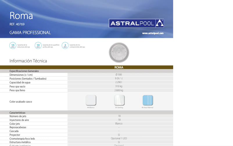 Page 1 de la notice Fiche technique AstralPool Roma