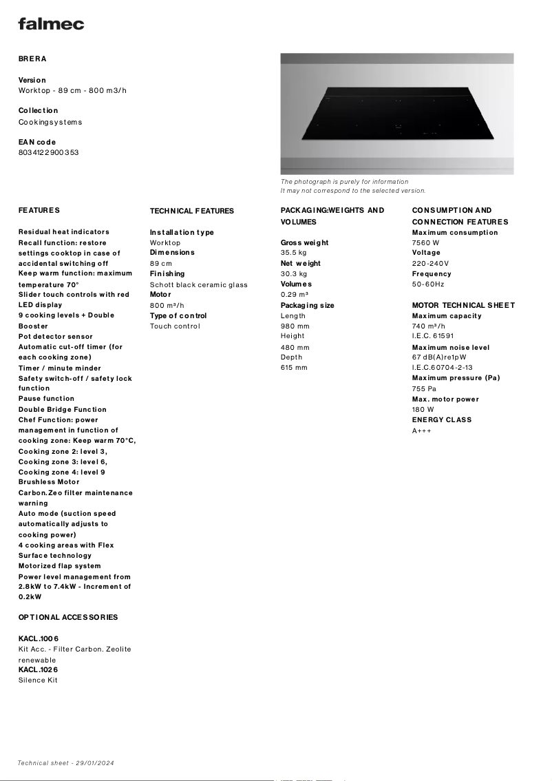 Page 1 de la notice Fiche technique Falmec Brera