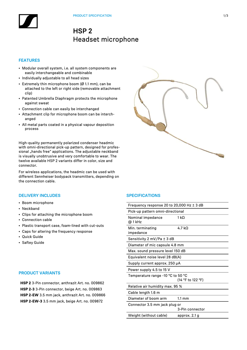 Page n°1 - Fiche technique Sennheiser HSP2