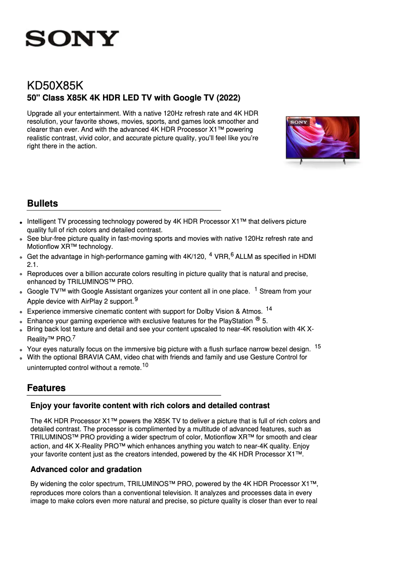 Page 1 de la notice Fiche technique Sony KD-50X85K