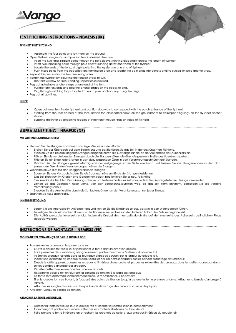Page 1 de la notice Manuel utilisateur Vango Nemesis 200