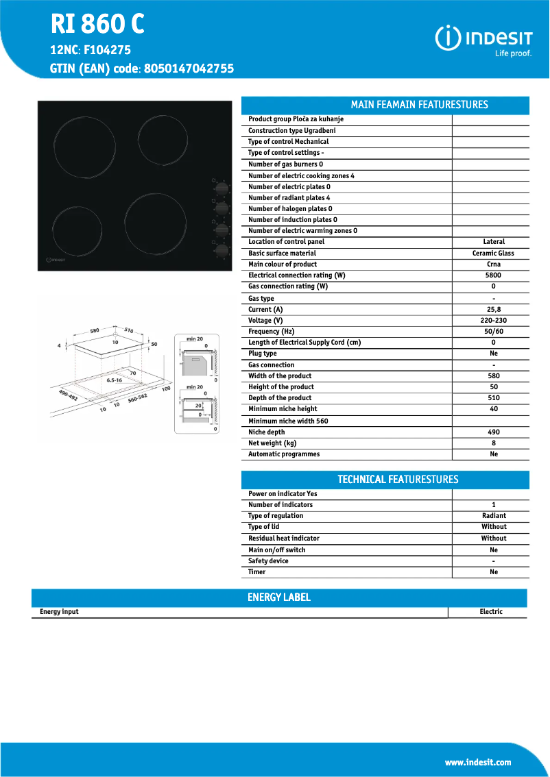 Page n°1 - Fiche technique Indesit RI 860 C