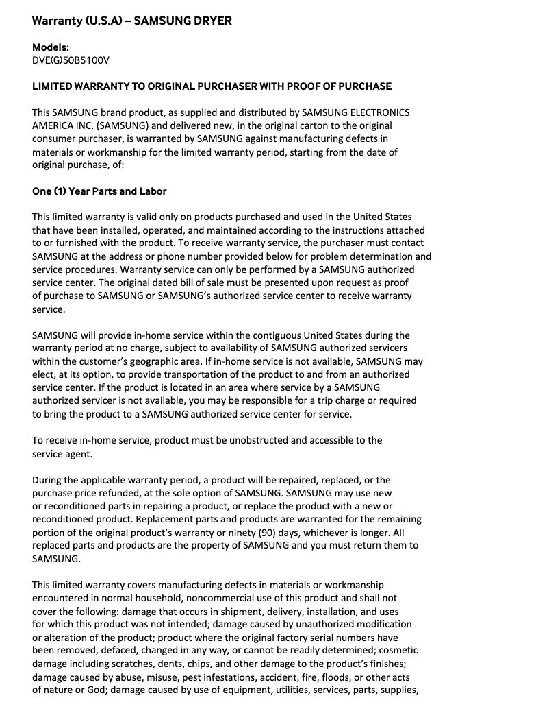 Page 1 de la notice Informations de garantie Samsung DVE50B5100V