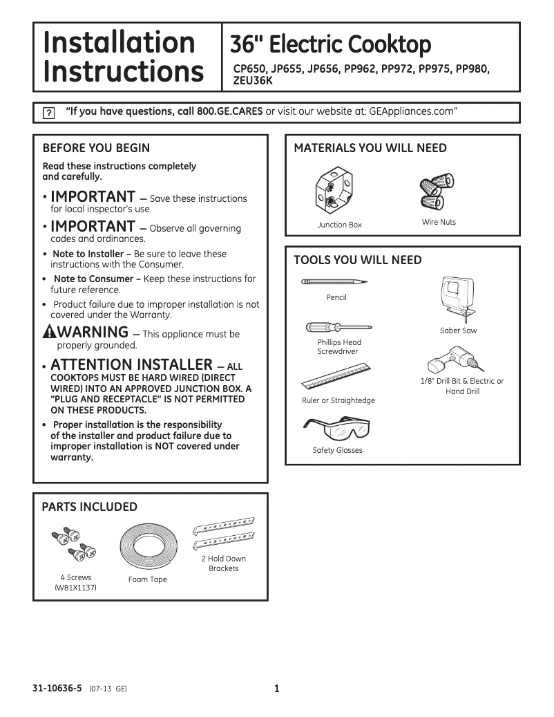 Page n°1 - Guide d'installation GE Profile PP975BMBB