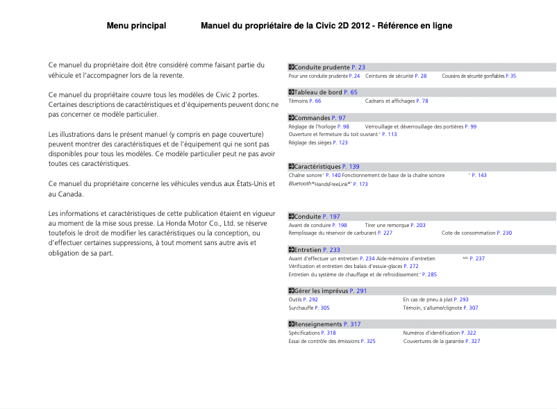 Image de la première page du manuel de l'appareil Civic Coupe (2012)