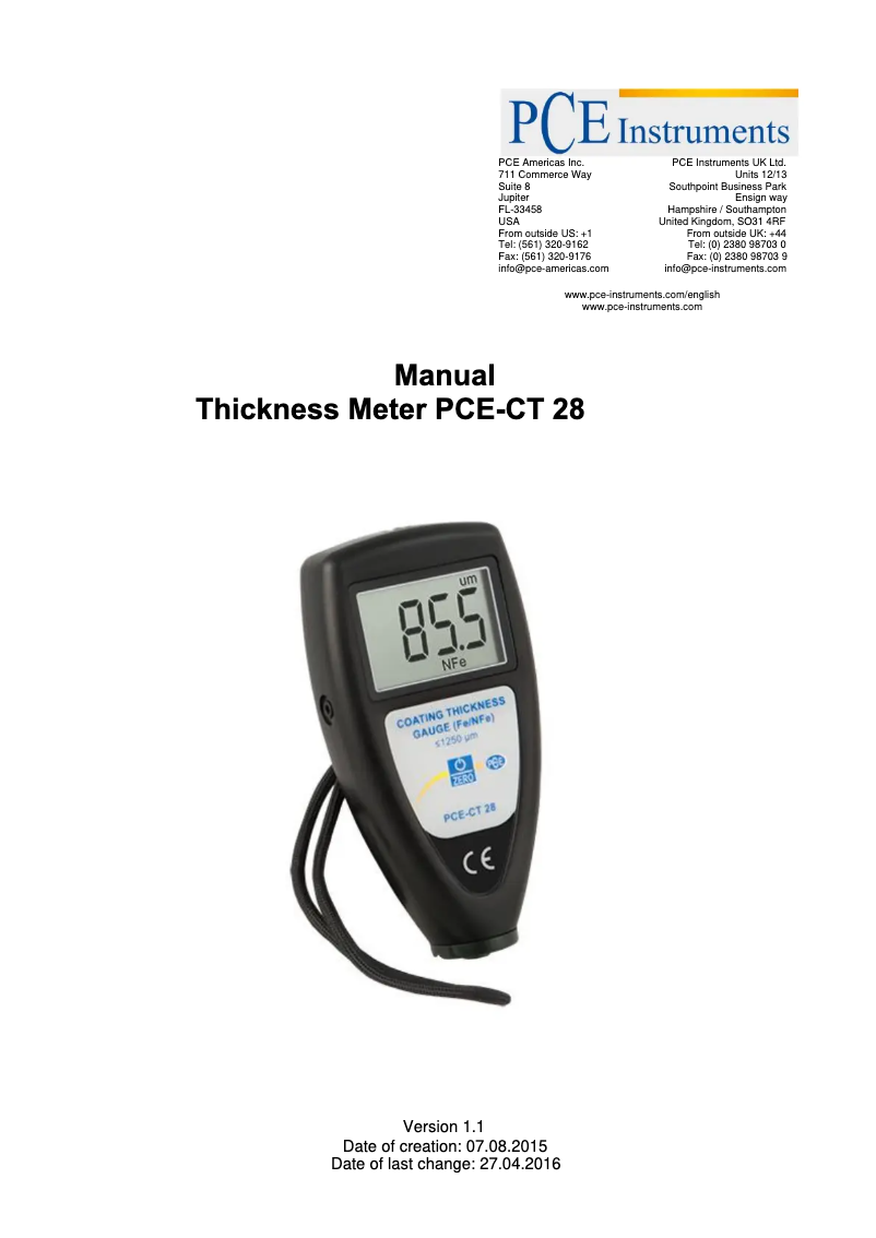 Page n°1 - Manuel utilisateur PCE Instruments PCE-CT 28