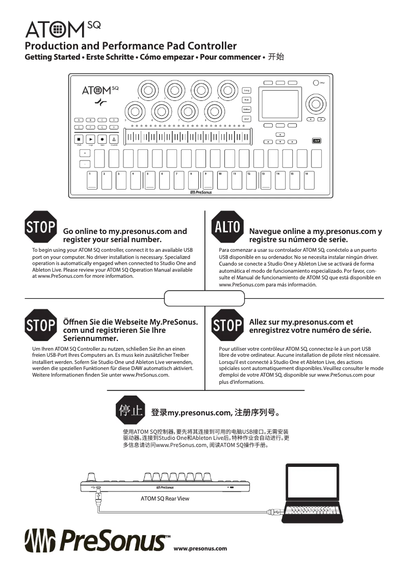 Page 1 de la notice Guide de démarrage rapide PreSonus ATOM SQ
