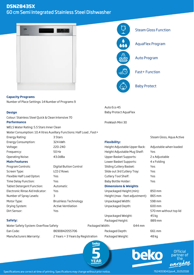 Page n°1 - Fiche technique Beko DSN28435X