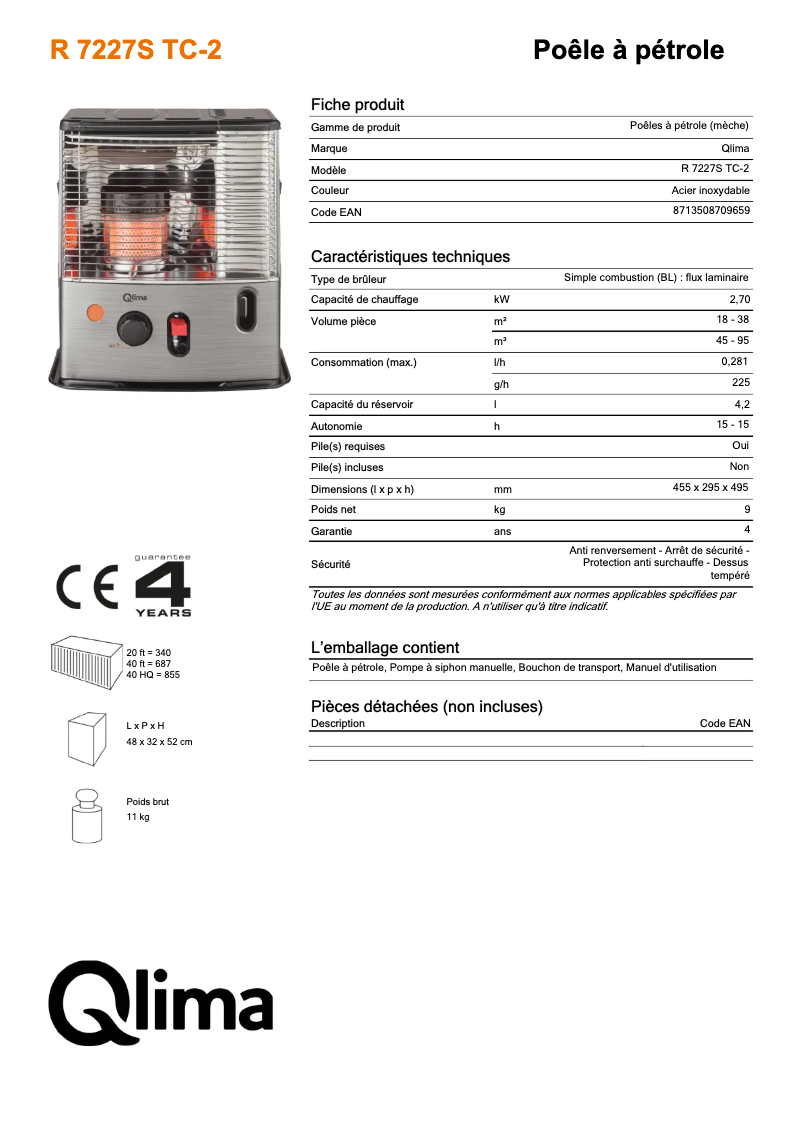 Page n°1 - Fiche technique Qlima R7227STC-2