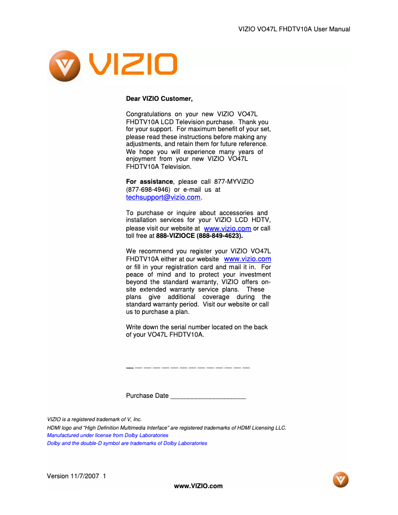Page n°1 - Manuel utilisateur VIZIO VO47L