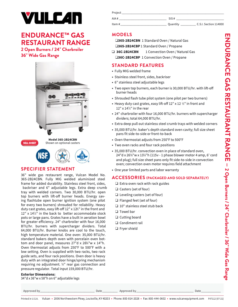 Page 1 de la notice Fiche technique Vulcan 36C-2B24CB