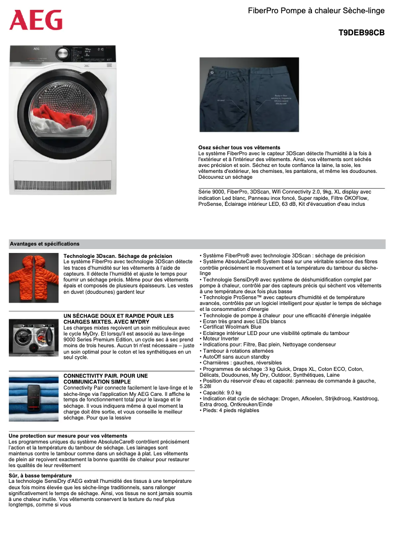 Page 1 de la notice Fiche technique AEG T9DEB98CB