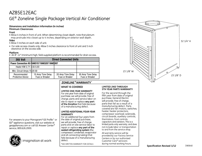 Page n°1 - Fiche technique GE AZ85E12EAC Zoneline
