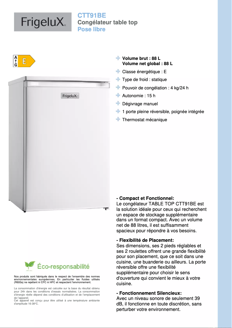 Página 1 del manual Ficha técnica FrigeluX CTT91BE