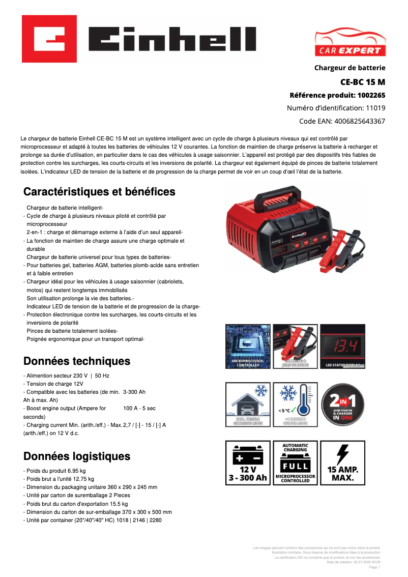 Page 1 de la notice Fiche technique Einhell CE-BC 15 M