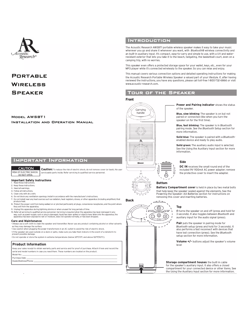 Page 1 de la notice Manuel utilisateur VOXX AWSBT1