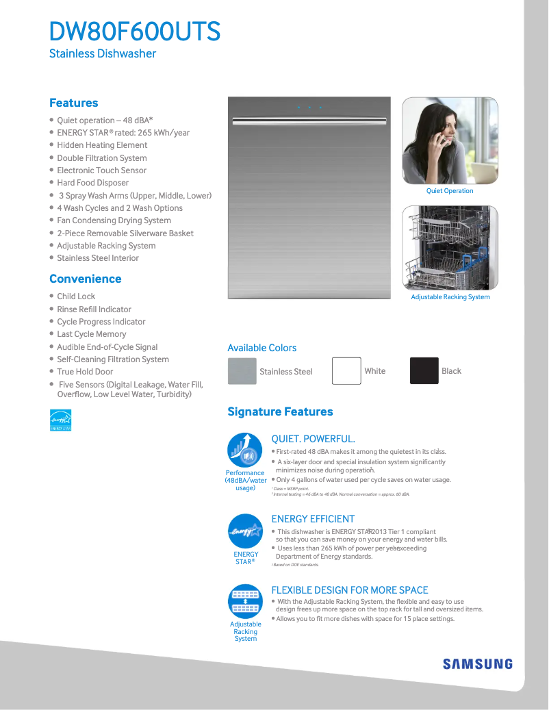 Page 1 de la notice Fiche technique Samsung DW80F600UT