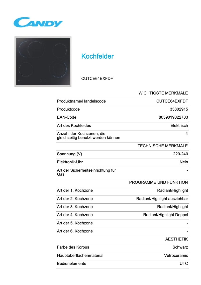 Page 1 de la notice Fiche technique Candy CUTCE64EXFDF