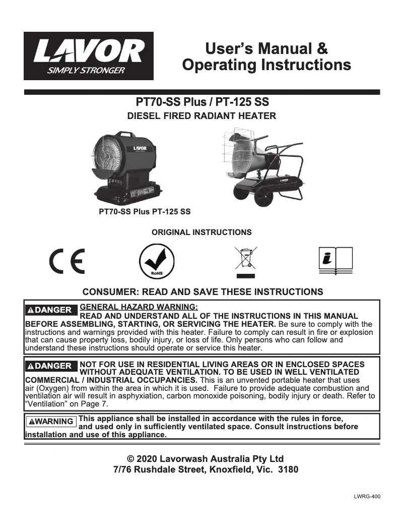 Page 1 de la notice Manuel utilisateur Lavorwash PT70-SS Plus