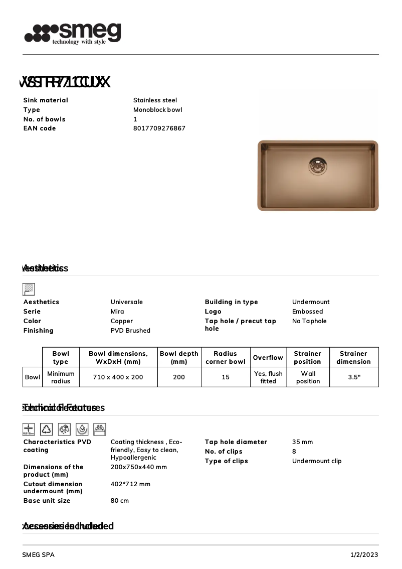 Page 1 de la notice Brochure Smeg VSTR71CUX