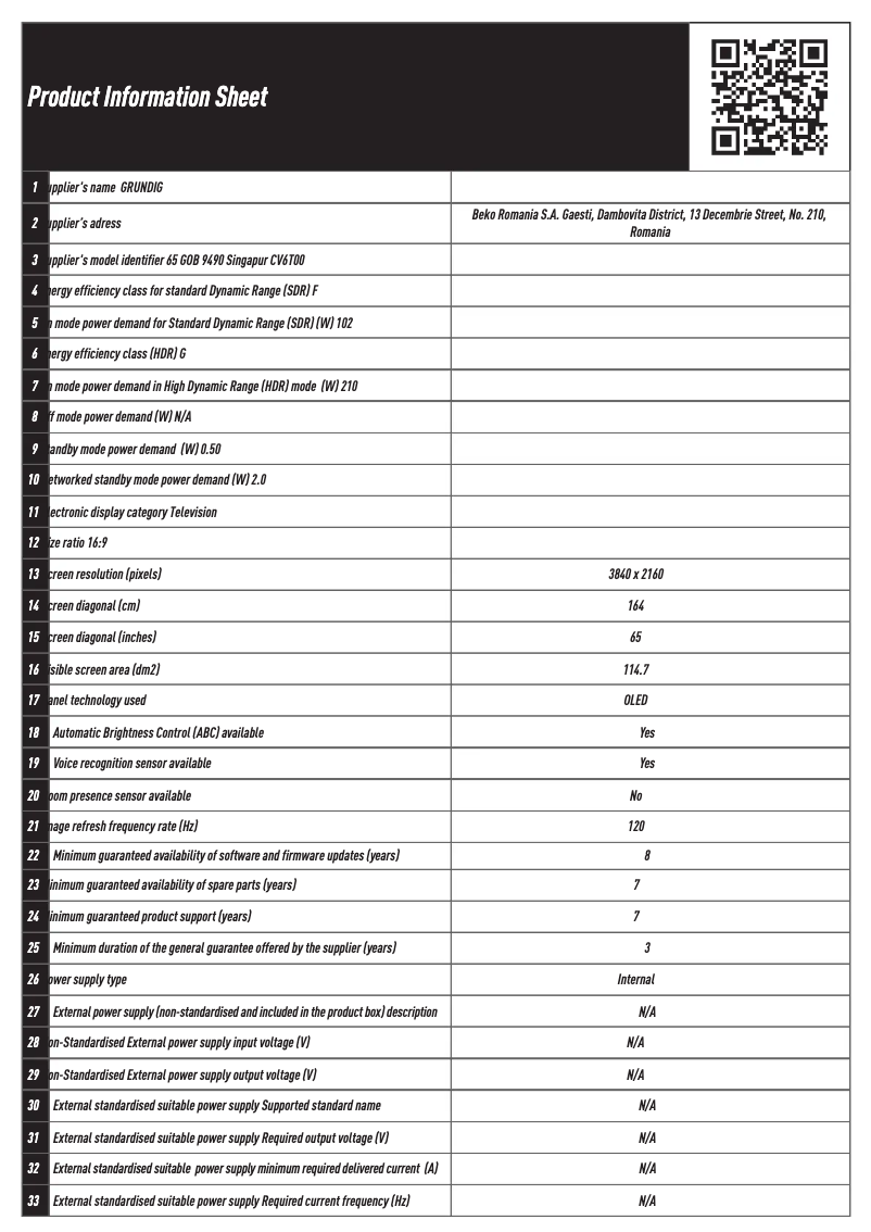 Page 1 de la notice Fiche technique Grundig 65 GOB 9490 Singapur